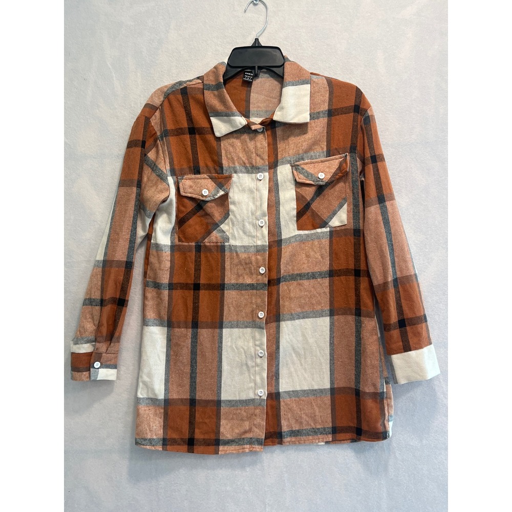 SHEIN Plaid Flannel Shirt Jacket Shacket Button Front Pockets Orange Gray